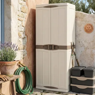 Immagine prodotto di Dmora Armadio da Esterno Ipno 47x70x178h cm Beige, 2 Ante Portascope, Resistente ai Raggi uv, Impermeabile  Italy