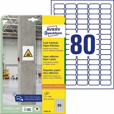 Obrázek produktu pro Avery L7872-20, Bílá, Obdélník, Permanentní, Modrá na bílé, 35,6 x 16,9, A4