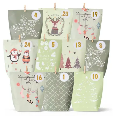 Adventskalender 2026, 24 Papiertüten mit Zahlenaufklebern, DIY