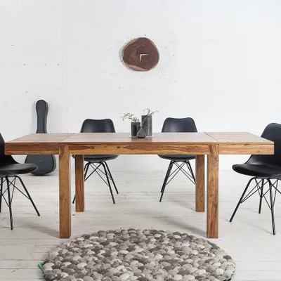 Produktbild von Invicta Interior Esstisch Massiv Sheesham Natur mit einzigartiger Maserung, 120-200cm, mit Ansteckplatten, für 10 Personen, puristisches Design, Lack auf Wasserbasis
