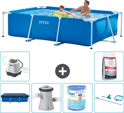 Produktbild von Intex-Schwimmbecken mit rechteckigem Rahmen – 260 x 160 x 65 cm – Blau – im Lieferumfang enthalten Abdeckung - Filterpumpe für Schwimmbad - Filter - Reinigungskit - Salzwassersystem - Poolsalz