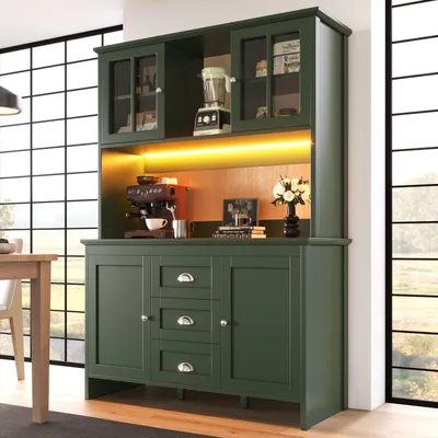 Zdjęcie produktu dla Szafka bufetowa, wysoka szafka, szafka kuchenna, komoda. Wymiary: 120x40x179 cm. Kolor: zielony. Drzwiczki: szklane, w kolorze brązowym. Dodatkowe oświetlenie. 4 drzwi, 3 szuflady