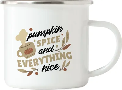 Produktbild von Pumpkin Spice And Everything Nice Emaille Tasse Kürbissuppe Kürbis Laubblätter Herbstblätter Herbstzeit Erntezeit Autumn