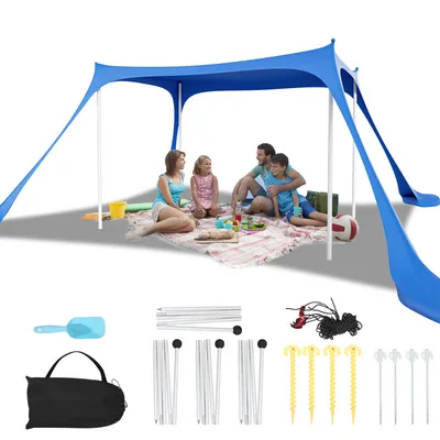 Produktbild von Hengda Strandmuschel Elasthan Sonnensegel Sonnendach Sonnenschutz Sonnenzelt Sandsaecken Tragbar UV Schutz 50+ Wasserfest mit Tragetasche Strandmuschel fuer Strand, Camping 300x300x200cm