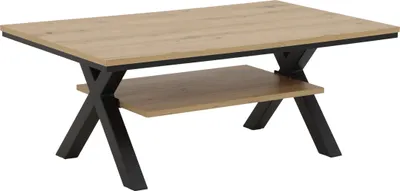 Produktbild von Hela Couchtisch Mats, X-Gestell, B 110 x T 67 x H 43 cm, pulverbeschichtet, großer Ablageboden, Eiche Nachbildung, Schwarz, Tischplatte mit abgesetzter Aufdopplung