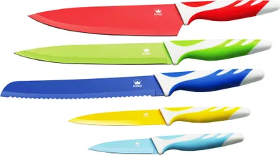 Produktbild von 5tlg. KING® Messerset BUNT - Antihaftbeschichtete Klingen / Größen: 20cm Kochmesser, 20cm Ausbeinmesser, 20cm Brotmesser, 12.5cm Universalmesser & 8.5cm Gemüsemesser