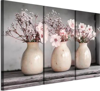 Produktbild von LUMASOUL Leinwand Bilder 120x80 cm, Leinwandbild Blumen Motiv, Wandbilder Holzrahmen und Webstuhl Wohnzimmer und Schlafzimmer, 3 teilig