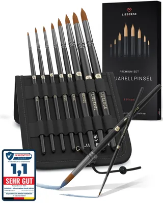 Produktbild von LIEBERGE Premium Aquarellpinsel – 8 Pinsel aus hochwertigem Synthetik-Zobelhaar – Aquarellpinsel Set ohne Haarverlust beim Malen | Watercolor Brush