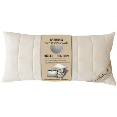 Produktbild von Feder Kopfkissen mit Schafschurwollbezug in 40x80 cm - Kopfkissen m. Kuschelfeeling ohne Schwitzen