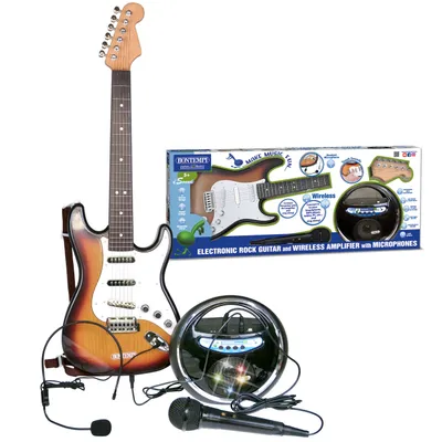 Produktbild von BONTEMPI - Rockmaster Elektronische Gitarre mit kabellosem Verstärker, 6 Metall-Saiten, 8 Vorgefertigte Songs, Kondensatormikrofon, USB