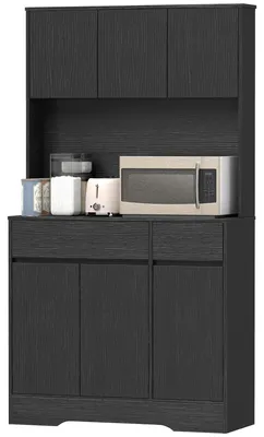 Produktbild von Buffet-Kš¹chenschrank mit Arbeitsplatte, 6 Tš¹ren, hoher Stauraumschrank mit Regalen, Schwarz