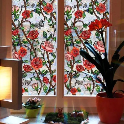 Produktbild von Rote Blumenfolie 45x100 cm Regenbogenmuster für Fenster