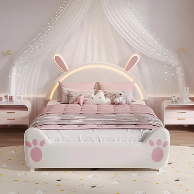 Image de Lit d'enfant 140 x 200 cm avec éclairage LED, motif lapin, tissu àReproductioner soi-même, cadre en bois robuste