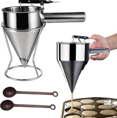 Image de Distributeur de pâte à crêpes en acier inoxydable, ustensile de cuisine DIY avec entonnoir conique et 2 cuillères