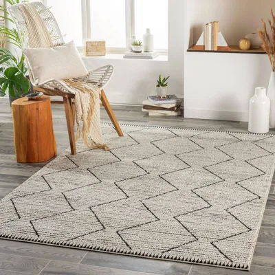 Boho-Teppich 120x170 cm, geometrisches Muster, beige/schwarz