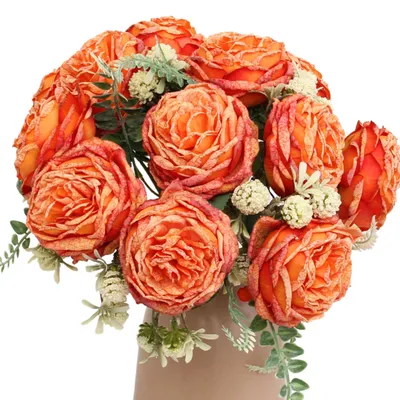 Image de Bouquet de roses artificielles composé de 9 fleurs, de couleur orange