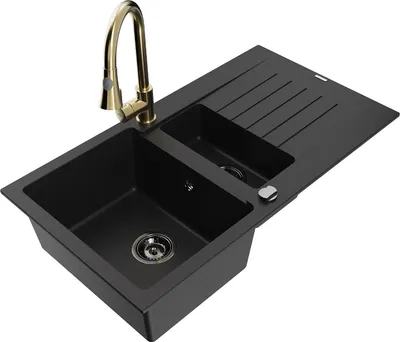 Produktbild von Mexen Matias 1,5-Becken-Granitspüle mit Abtropffläche und Mischbatterie Elia, Schwarz - 6502-77-670101-50-B