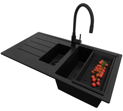 Produktbild von PRIMAGRAN Granitspüle Alles Schwarz 90x50cm, Spülbecken 1,5 Becken + Küchenarmatur 38x14cm + Ablauf-Set, Küchenspüle ab 60er Unterschrank - Kopenhagen Duo