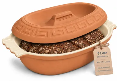 Produktbild von KERAZO 5 Liter ovale Brotbackform mit Deckel aus Steingut, 41x27x13 cm, Bräter, Auflaufform, Gratinform, Schmortopf, Brottopf, natur/creme