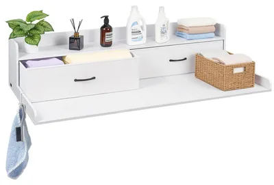 Immagine prodotto di Lavatrice-asciugatrice da incasso con ripiano, 137 x 69,9 cm. Piano superiore in legno per lavatrice e asciugatrice con 2 cassetti e ganci, ideale per organizzare e riporre oggetti nell'armadio della lavanderia, bianco