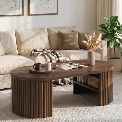 Image de Table basse ovale Merax avec plateau rainuré, table d'appoint avec 2 compartiments de rangement intérieurs en MDF, table minimaliste pour salon avec espace de rangement, finition noyer