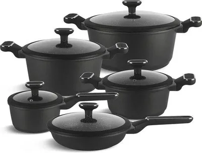 Obrázek produktu pro Sada 12 kusů indukčních hrnců a pánví Famanu s nepřilnavým povrchem – černá barva
