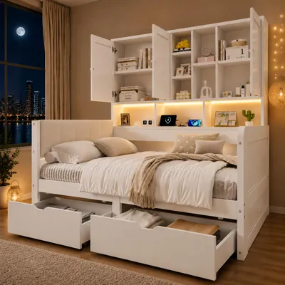 Obrázek produktu pro Dětská postel STILVORA, rozměry 90x200 cm, s LED osvětlením a USB nabíjecími porty. Postel s úložným prostorem, zásuvkami a čalouněnou opěrkou zPolyuretanmateriálu. Multifunkční postel s policemi a skříňkami, Obrázek vytvořený pomocí AI