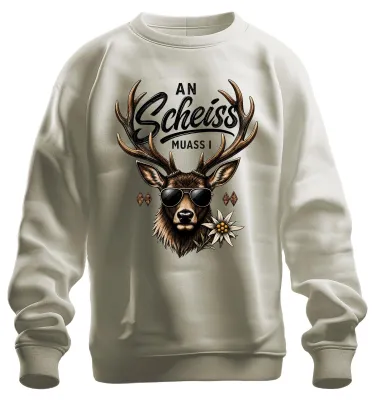 Produktbild von An Scheiss muass i Hirsch Sonnenbrille Edelweiss Lederhose Sweatshirt Pullover, Natur, XXL
