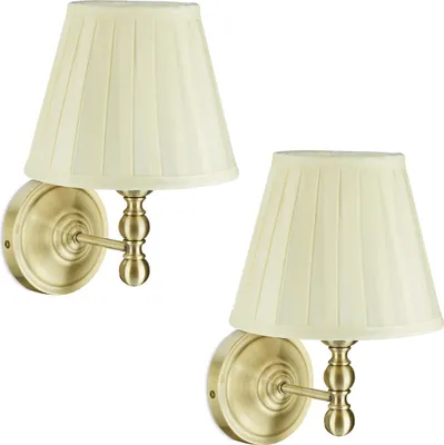 Produktbild von Relaxdays Wandlampe, 2er Set, Stoff-Schirm, antikes Design, E14, Wandleuchte, HBT: 30x20x23,5cm, elfenbeinweiß/messing
