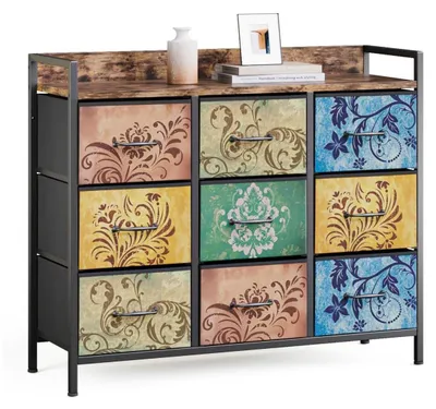 Produktbild von Kommode mit 9 Schubladen, Stoff, Metallrahmen, Vintage-Blumenmotiv, Vintagebraun, 99 x 84 x 30 cm