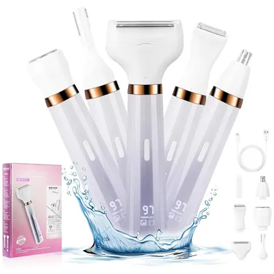 Produktbild von Elektrischer Damenrasierer 5-in-1, Nass- & Trockenrasierer für Bikini, Gesicht, Augenbrauen, Nase, Arme, Beine & Achseln