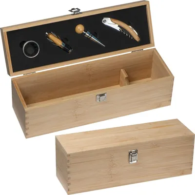 Produktbild von Weinbox aus Holz / mit Kellnermesser, Flaschenverschluss, Ausgießer, Tropfring