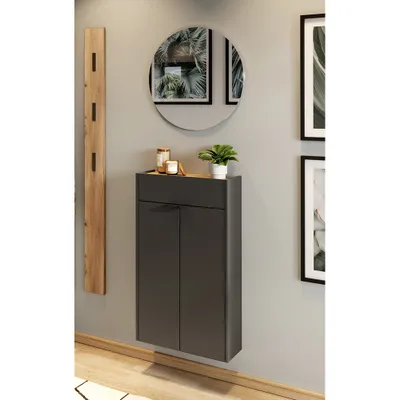 Produktbild von Garderobe Flurgarderobe schmal in grau mit Eiche ABERDEEN-01 modern 3-teilig mit 1 Garderobenpaneel