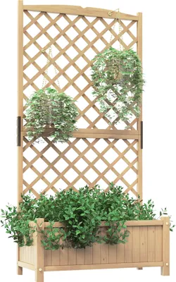 Produktbild von COSTWAY Spalier Pflanzkasten Hochbeet mit Blumenkasten, Rankgitter & Drainageloch, Blumenkübel, Gartenspalier Rankkasten Tannenholz Natur