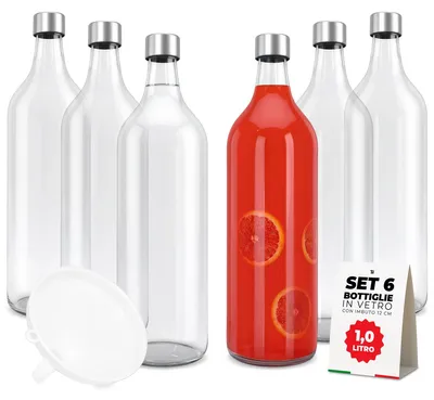 6 Glasflaschen 1 l mit Deckeln & Trichter, transparent
