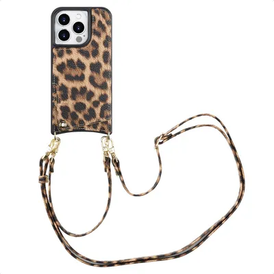 Obrázek produktu pro Selencia Nova pouzdro na mobilní telefon s šňůrkou a držákem na karty iPhone 15 Pro – Leopard