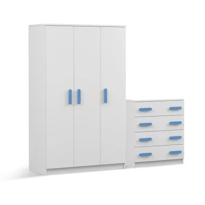 Produktbild von Drehtürenschrank und Kommode 2er-Set JONAS I 19/JONAS I 02 Weiß/Weiß blaue Griffe
