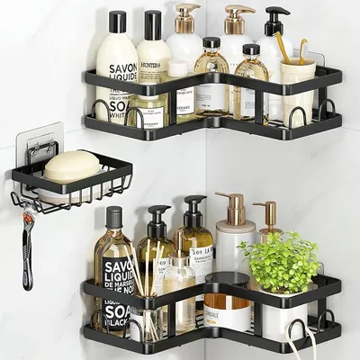 Produktbild von PolkaHome® Eckduschregal 3er Set – Wandorganizer ohne Bohren, 2 Eckablagen + Seifenspender, 12 Haken, Badzubehör für Bad & Küche,