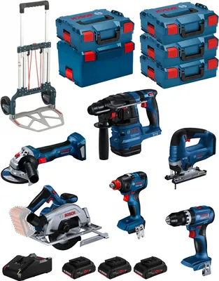 Produktbild von BOSCH Kit BK603 (GSB18V-45 +GDX18V-200 +GKS18V-57-2 +GST18V-125B +GBH18V-22 +GWS18V-7 + 3x4,0Ah PC +GAL18V-40 + 5xL-Boxx +caddy)