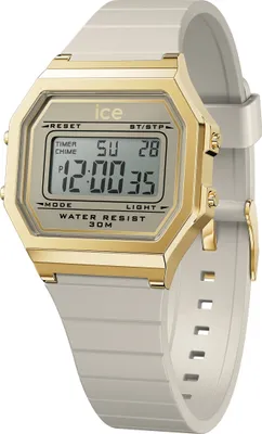 A digital watch with a gold bezel and a white strap is shown against a white background.