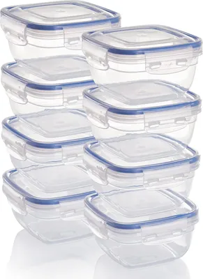 Produktbild von Set von 8 Kunststoff-Lebensmittelbehältern - quadratische, stapelbare Container mit Deckel für frische Lebensmittel