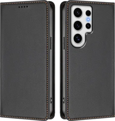Image de Étui en cuir pour Samsung Galaxy S24 Ultra, étui à rabat magnétique en cuirPolyuréthaneavec support, noir