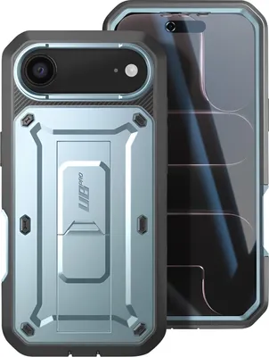 A light blue and gray iPhone case with a kickstand is shown on a white background.