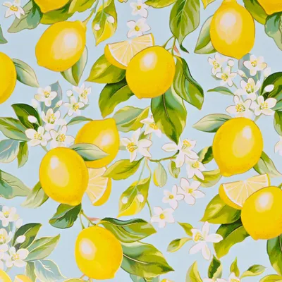 Produktbild von Geschenkpapier Zitronen & Blüten Motiv 70cm x 2m Rolle Hellblau / Gelb
