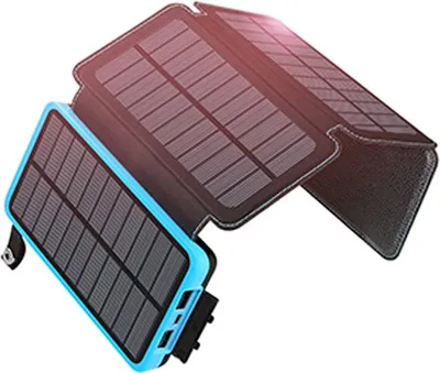 Produktbild von Externe Solarbatterie, Powerbank 20.000 mAh, wasserdicht, 4 Panels, blau