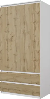 A white and wood grain wardrobe with two doors and two drawers.