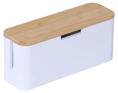 Productafbeelding van Relaxdays kabelbox voor stekkerdoos, bamboe, met deksel, 14,5x34x13,5 cm, om kabels te verbergen, stekkerdoos, naturel/wit
