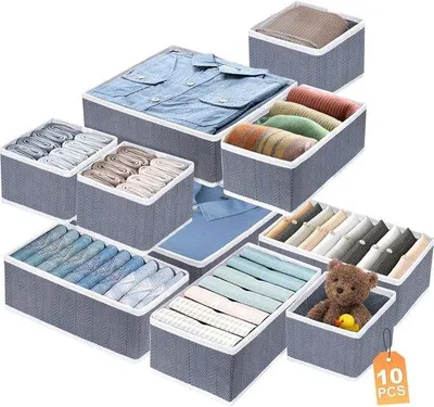 Produktbild von Unyqoos® 10‑teiliger Schubladen-Organizer, faltbar, Aufbewahrung für Kleidung, Unterwäsche, Socken, Krawatten – Größen 28 x 28 x 10 / 28 x 14 x 10 / 14 x 14 x 10 cm