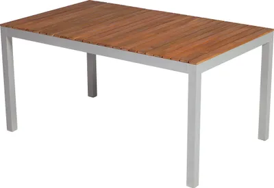 A rectangular outdoor dining table with a slatted wooden top and a light gray metal frame, shown against a white background.