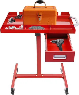 Productafbeelding van Mobiele werkbank met wielen, gereedschapskast met rollen, werktafel met lade, metalen tattoo-plateau, gereedschapswagen, plateauwagen voor salon, fietsenreparatie werkplaats (rood)